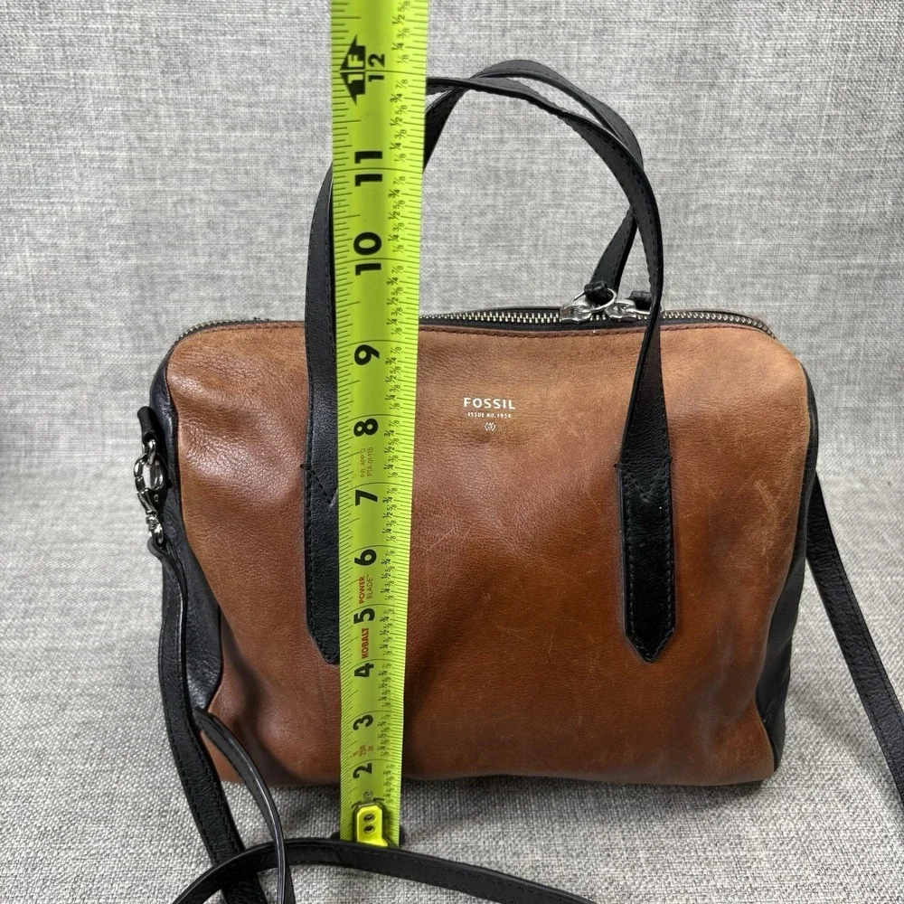 Fossil Sydney Satchel Brown Black Leather Crossbody Bag Two Tone Boho Purse